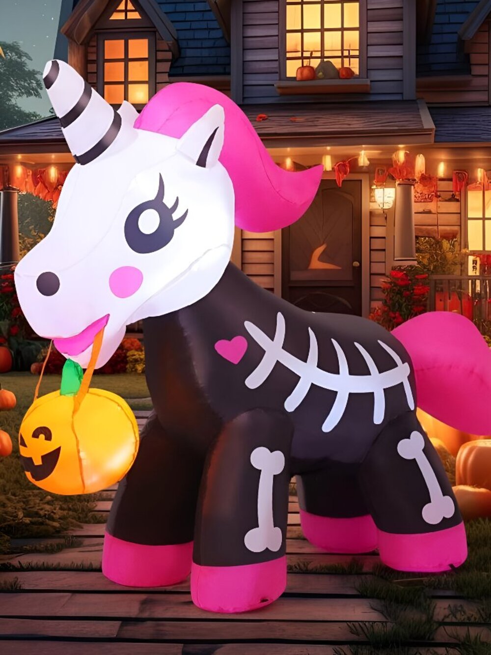 5 FT Halloween Inflatables Skeleton Unicorn Outdoor Decorations Blow Up Yard